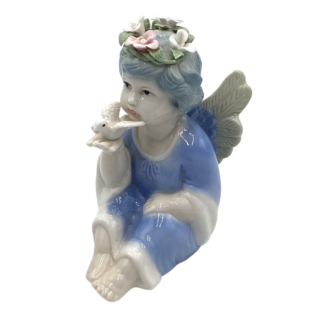 Angel Figurine with Dove and Flower Crownโ 4in Blue White Porcelain
